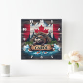 カナダ国旗の背景を持つカナダのビーバー スクエア壁時計 (ホーム)