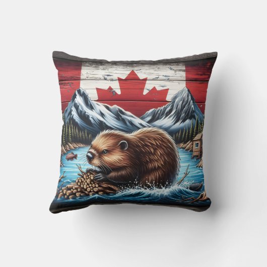 カナダ国旗の背景を持つビーバー建物ダム クッション (裏面)