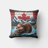 カナダ国旗の背景を持つビーバー建物ダム クッション (正面)