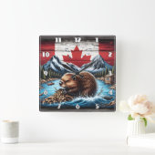 カナダ国旗の背景を持つビーバー建物ダム スクエア壁時計 (ホーム)