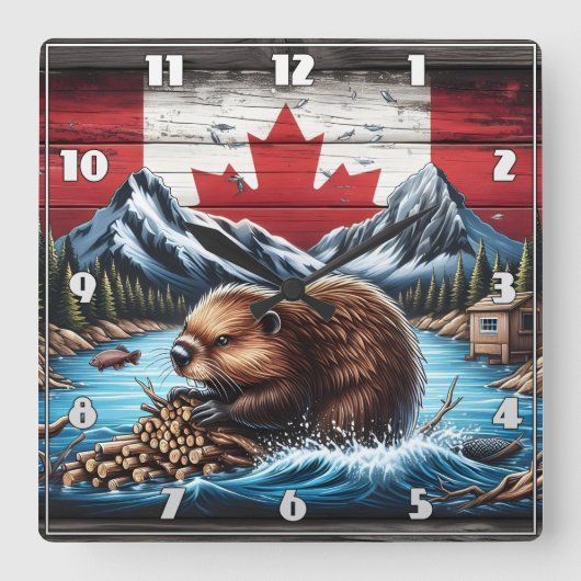 カナダ国旗の背景を持つビーバー建物ダム スクエア壁時計 (正面)