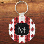 カナダ国旗の赤いキラキラ模様モノグラム キーホルダー (裏面)