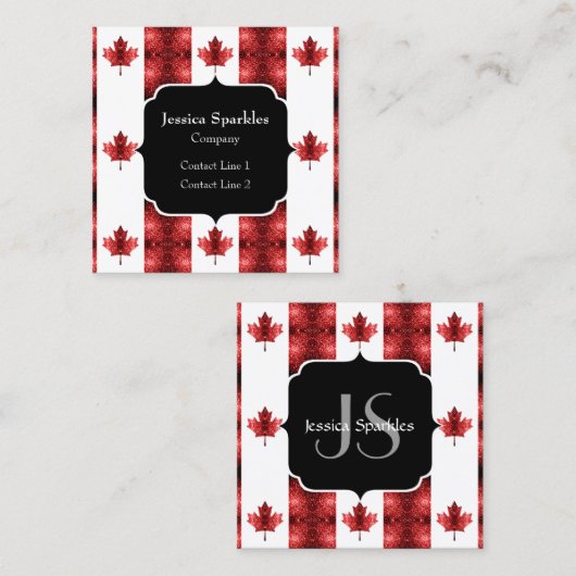 カナダ国旗の赤いキラキラ模様モノグラム スクエア名刺 (正面/裏面)