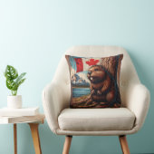 カナダ国旗を持って湖のそばに座るビーバー クッション (椅子)