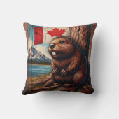 カナダ国旗を持って湖のそばに座るビーバー クッション (裏面)