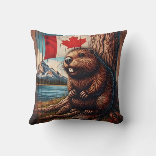カナダ国旗を持って湖のそばに座るビーバー クッション (裏面)