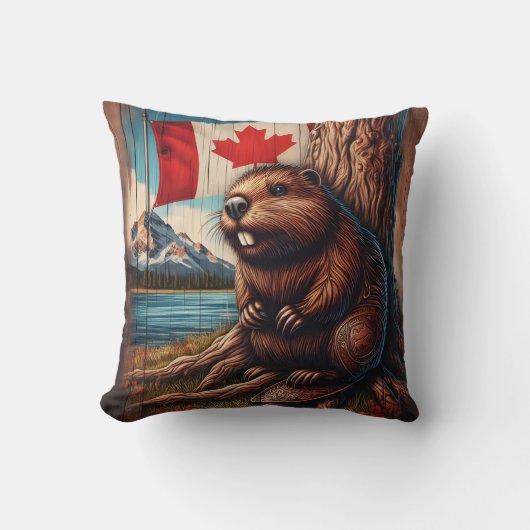 カナダ国旗を持って湖のそばに座るビーバー クッション (正面)