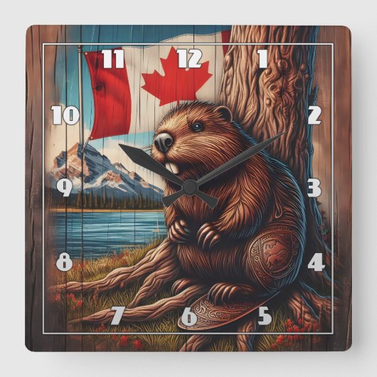 カナダ国旗を持って湖のそばに座るビーバー スクエア壁時計 (正面)
