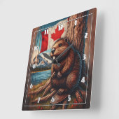 カナダ国旗を持って湖のそばに座るビーバー スクエア壁時計 (傾斜)