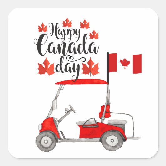 カナダ国旗を持つゴルフカートfor Canada Day スクエアシール (正面)