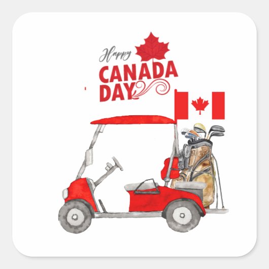 カナダ国旗を持つゴルフカートfor Canada Day スクエアシール (正面)