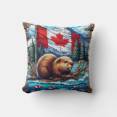 カナダ国旗を持つ湖にカナダのビーバー クッション (正面)