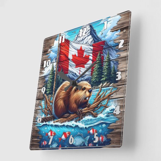カナダ国旗を持つ湖にカナダのビーバー スクエア壁時計 (傾斜)