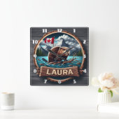 カナダ国旗を掲げて森の中の湖にビーバー スクエア壁時計 (ホーム)