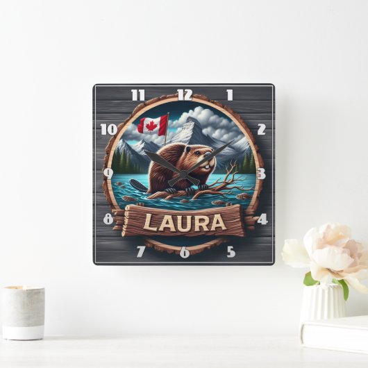 カナダ国旗を掲げて森の中の湖にビーバー スクエア壁時計 (ホーム)