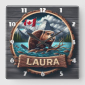 カナダ国旗を掲げて森の中の湖にビーバー スクエア壁時計 (正面)