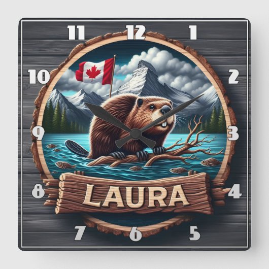 カナダ国旗を掲げて森の中の湖にビーバー スクエア壁時計 (正面)