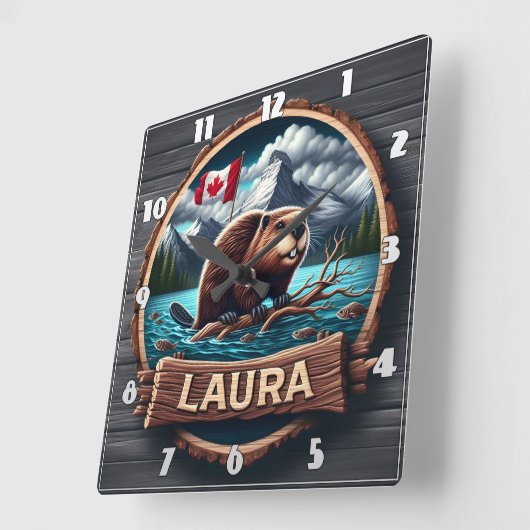 カナダ国旗を掲げて森の中の湖にビーバー スクエア壁時計 (傾斜)