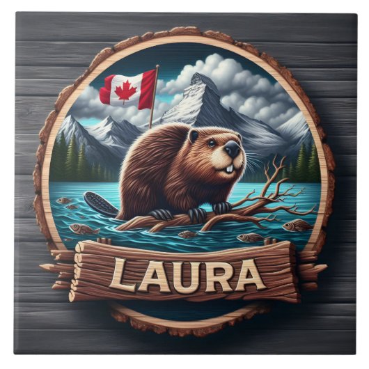 カナダ国旗を掲げて森の中の湖にビーバー タイル (正面)