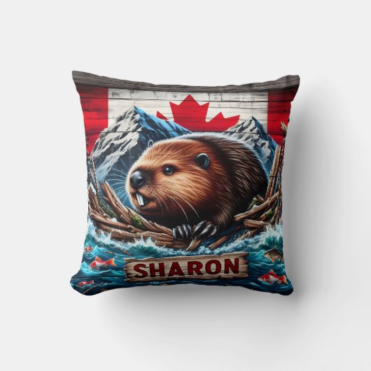 カナダ国旗を掲げて水でビーバー クッション (正面)
