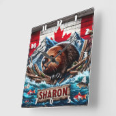 カナダ国旗を掲げて水でビーバー スクエア壁時計 (傾斜)