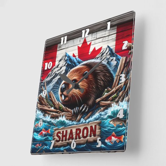 カナダ国旗を掲げて水でビーバー スクエア壁時計 (傾斜)