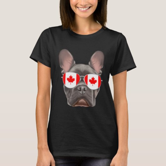 カナダ国旗フランスのブルドッグ犬カナダポケット Tシャツ (正面)