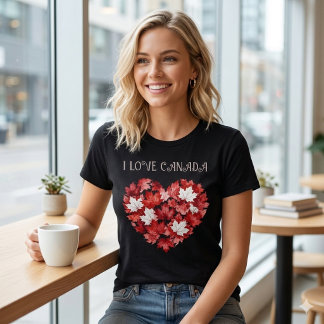 カナダ大好き。ハート。カナディアン・メイプルリーフ Tシャツ