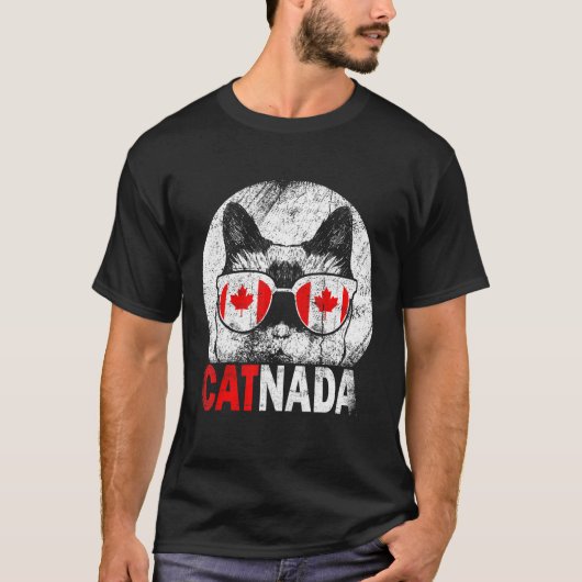 カナダ猫サングラスカナダ国旗 Tシャツ (正面)