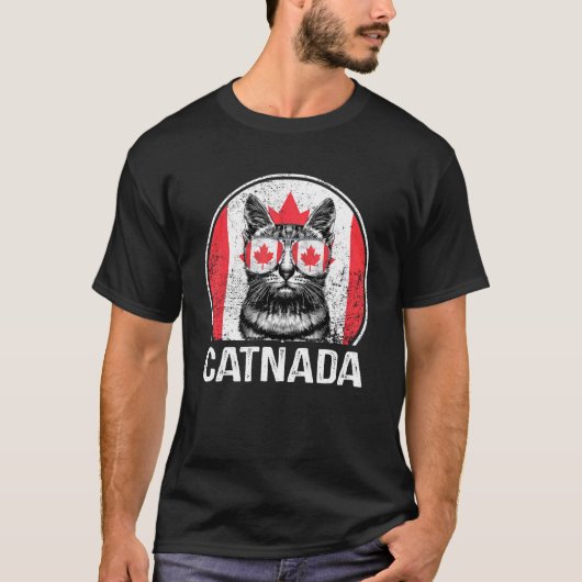 カナダ猫サングラスカナダ国旗Vinta Tシャツ (正面)