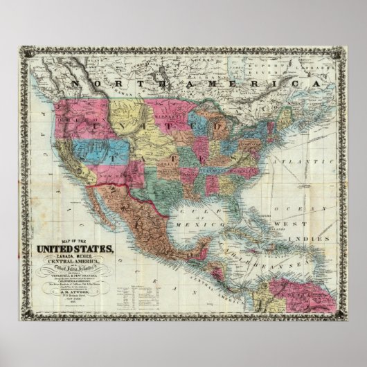 カナダ統一された、メキシコの州の地図 ポスター (正面)