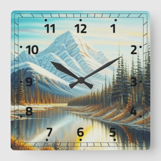 カナダ自然ランドスケープ素晴らし- Mountain Art スクエア壁時計 (正面)