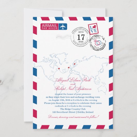 カナダIreland Sweden Airmailハート結婚ズ 招待状 (正面)
