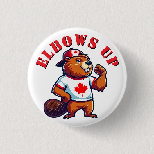 カナディアンビーバーに肘を上げる 缶バッジ (正面)