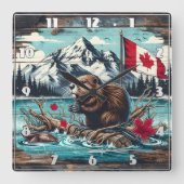 カナディアンビーバーバイレイクアンドマウンテンバックド スクエア壁時計 (正面)