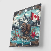 カナディアンビーバーバイレイクアンドマウンテンバックド スクエア壁時計 (傾斜)