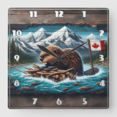 カナディアンビーバー建物アロッジ スクエア壁時計 (正面)