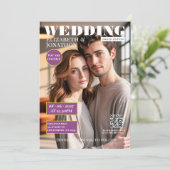カナリアイエローとプラムのマガジンスタイルの結婚式写真 招待状 (スタンド正面)