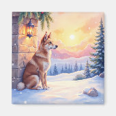 カナン・ドッグ 冬の砂漠の石のクリスマスアート マグネット (正面)