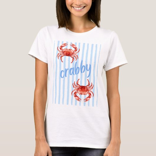 カニっぽい 赤い水彩画のカニ パステルブルーのストライプ Tシャツ (正面)