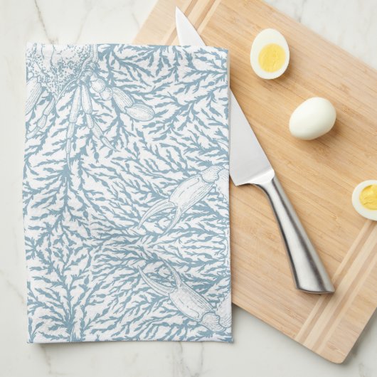 カニと海の雑草、白とリグの沿岸の夏 キッチンタオル (四つ折り)