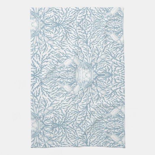 カニと海の雑草、白とリグの沿岸の夏 キッチンタオル (縦)