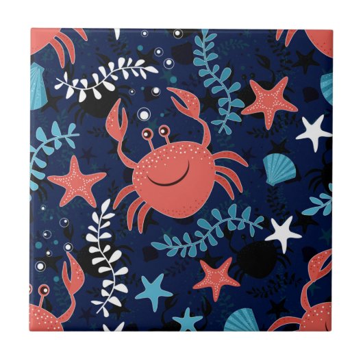 カニの可愛い海柄。 タイル (正面)