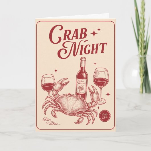 カニの夜　手描きのカニ　沿岸のシーフードディナー カード (正面)