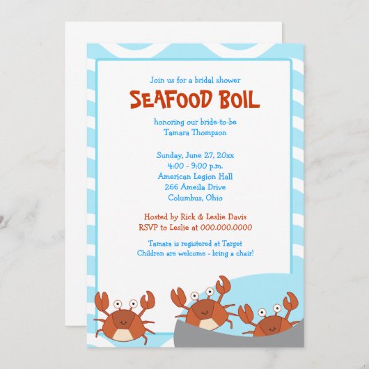 カニの沸騰シーフードのパーティーのブライダルシャワーの招待状 招待状 (正面/裏面)