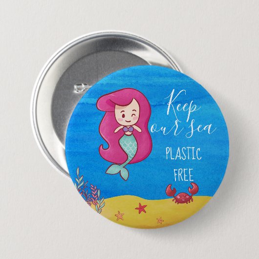 カニの海のプラスチック保を無くした漫画のマーメイド 缶バッジ (正面&裏面)