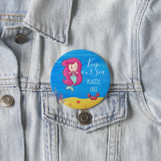 カニの海のプラスチック保を無くした漫画のマーメイド 缶バッジ (インサイチュ)