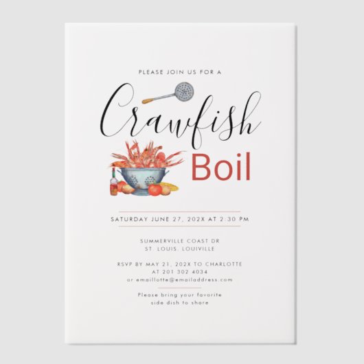 カニの煮込みパーティー家族向けバーベキュー シーフードパーティー ベラム紙招待状 (正面)
