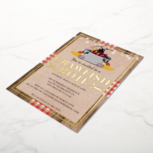 カニの煮込みパーティー ファミリーパーティー ラスティック ピクニック 箔招待状 (回転した状態)
