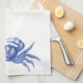 カニのWoodblockのプリントの職人のスタイルの航海のな青 キッチンタオル (四つ折り)